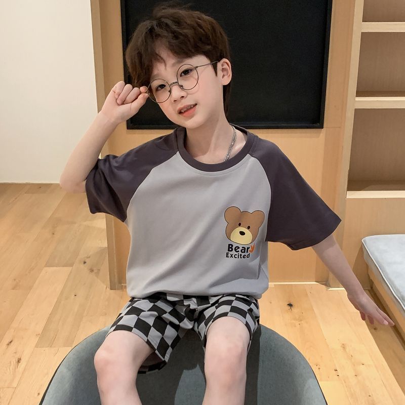 100% cotton boys' pajamas, pure cotton short-sleeved shorts, cartoon handsome middle-aged and older children's summer thin boys' home clothes