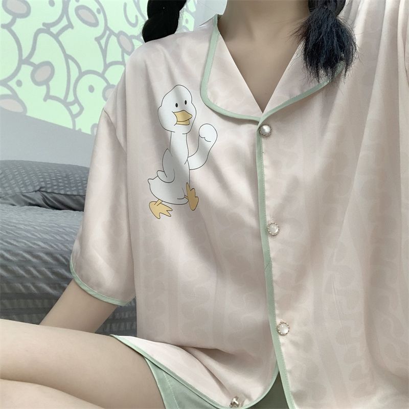 Summer strawberry bear ins style high-value pajamas women's ice silk short-sleeved cute cartoon Japanese home clothes set