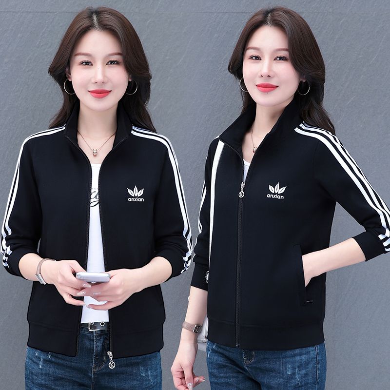 Casual stand collar short jacket women 2023 spring and autumn middle-aged cardigan all-match baseball uniform sweater sports jacket top
