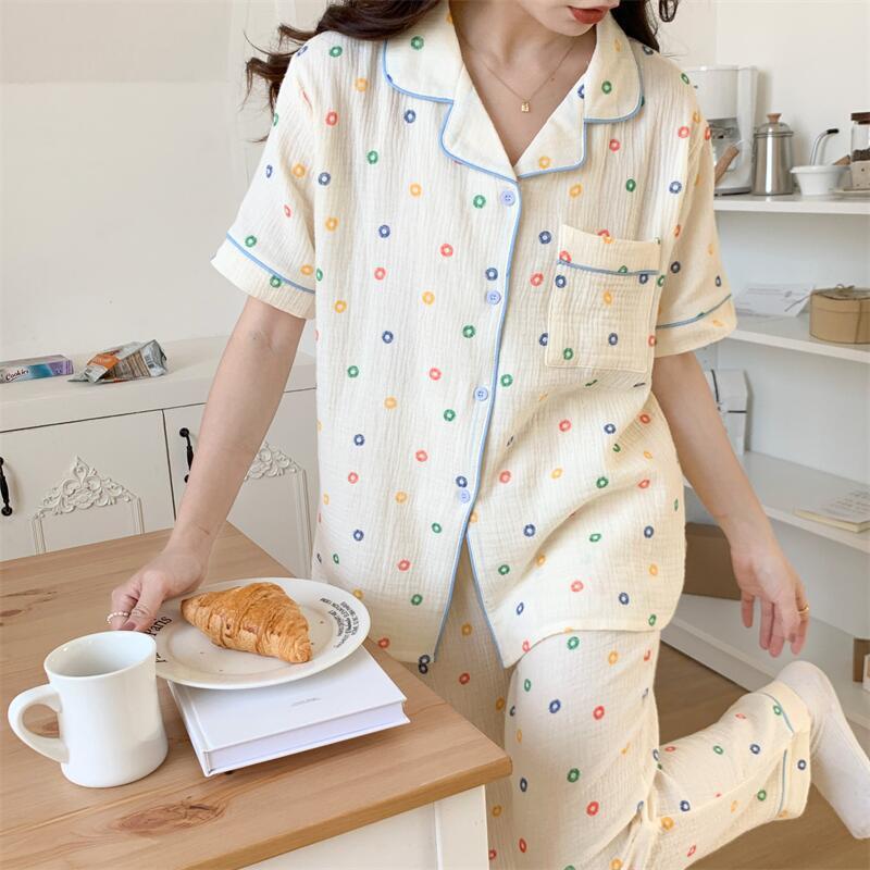 Baby cotton pajamas women's summer short-sleeved trousers comfortable mesh cardigan sweet loose summer home service suit