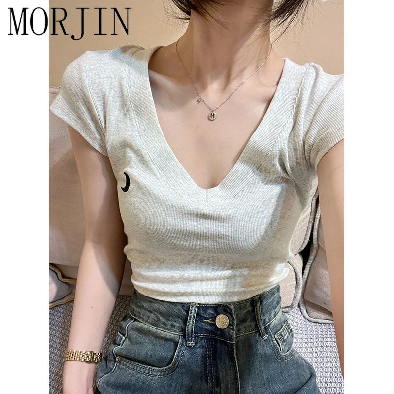 MORJIN American retro V-neck short-sleeved t-shirt women's summer design sense niche hot girl slim slim short top