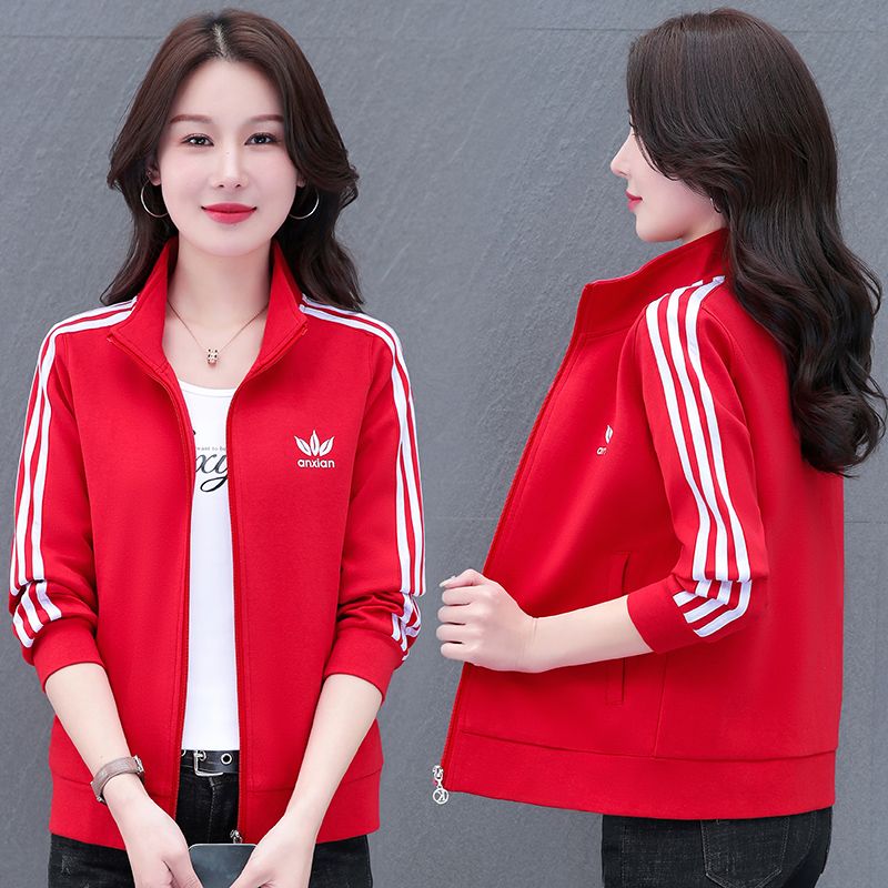 Casual stand collar short jacket women 2023 spring and autumn middle-aged cardigan all-match baseball uniform sweater sports jacket top
