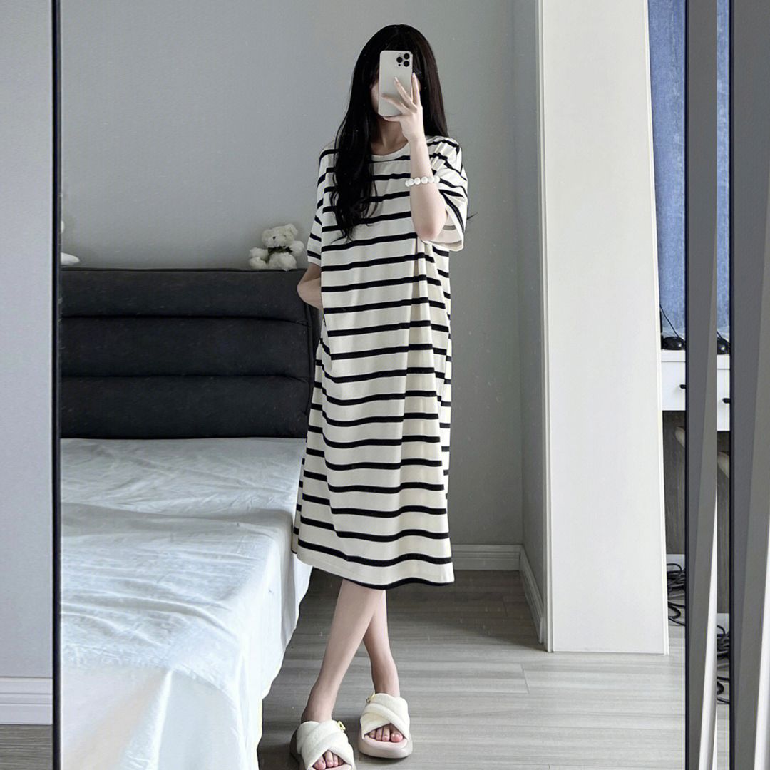 Ins Korean striped short-sleeved nightdress women's summer style  new net red wind loose pajamas summer day home clothes