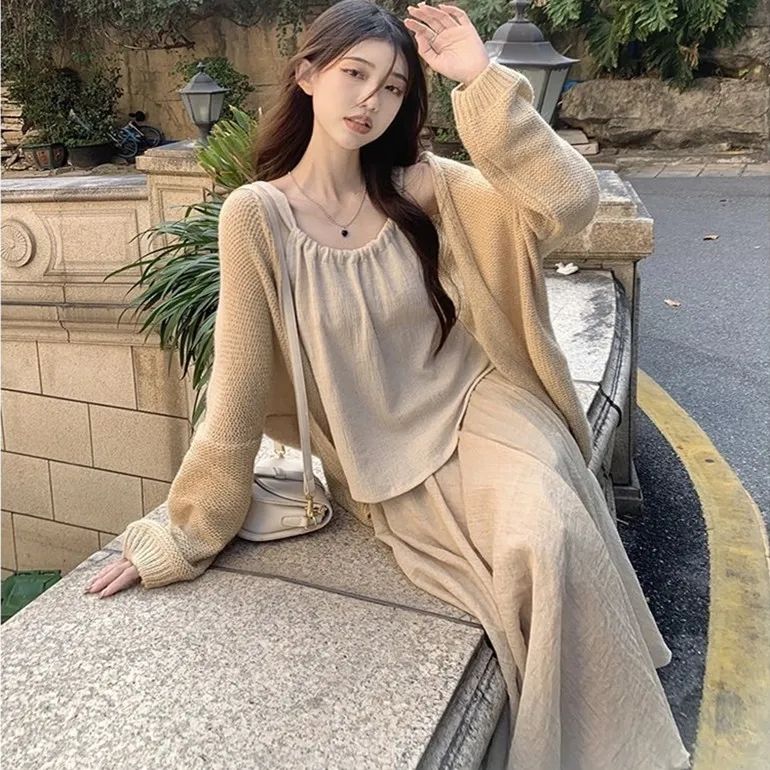 溫柔風套裝女春季2023新款長袖針織開衫內搭背心吊帶中長款半身裙