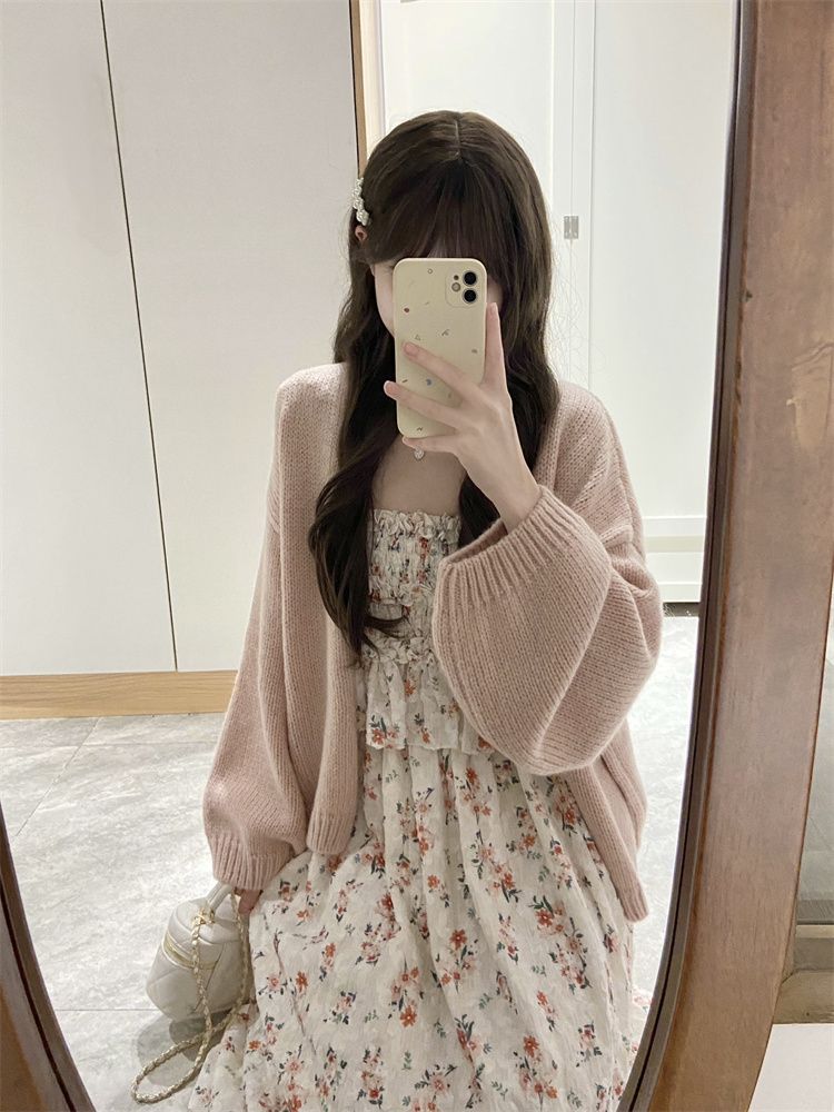 Japanese soft girl suspender floral dress female student + sweet lazy wind sweater cardigan two-piece suit