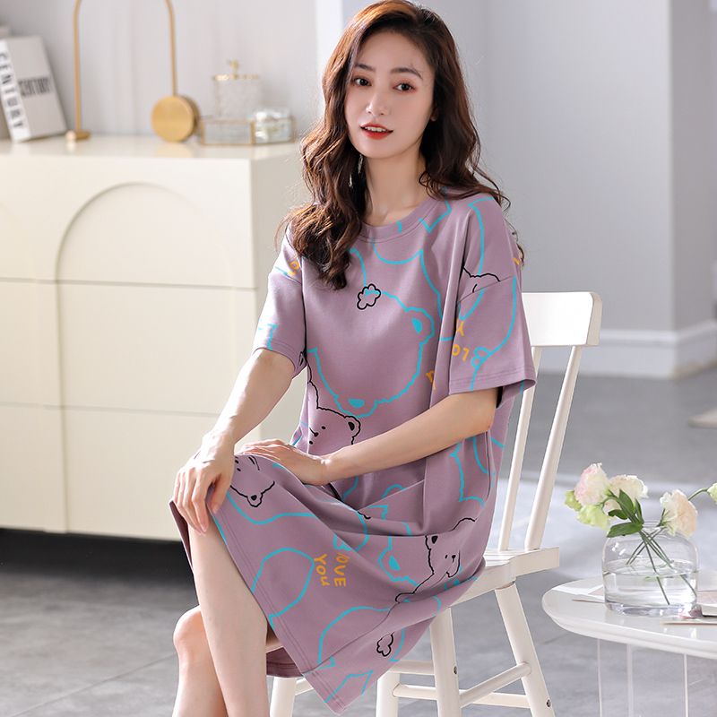 Cotton nightdress women's pajamas women's summer short-sleeved cute Korean version of the knee-length length can be worn outside home service skirt