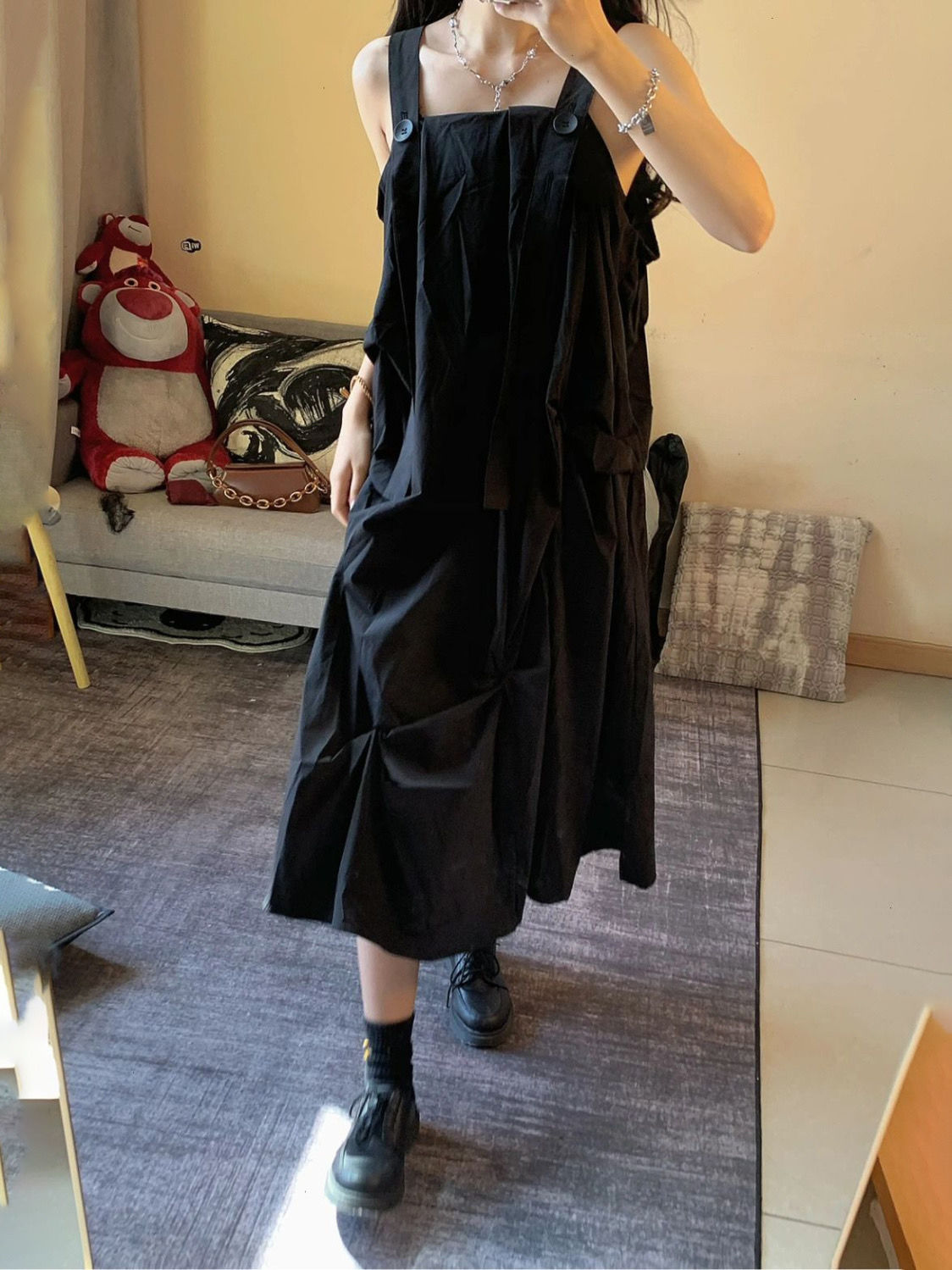 Hepburn style irregular pleated sling dress female student ins Korean version loose slim three-dimensional A-line skirt