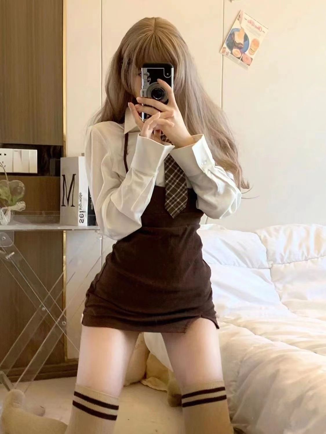學院風吊帶連衣裙套裝女春夏炸街辣妹收腰純欲顯瘦開叉短裙包臀裙