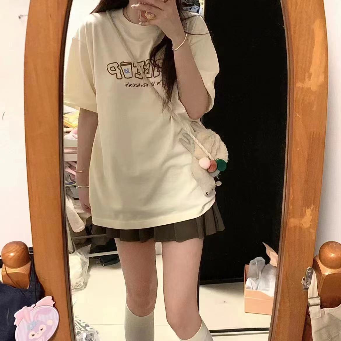 奶黃色高中生短袖t恤女寬鬆韓版oversize上衣夏學生2023新款潮款