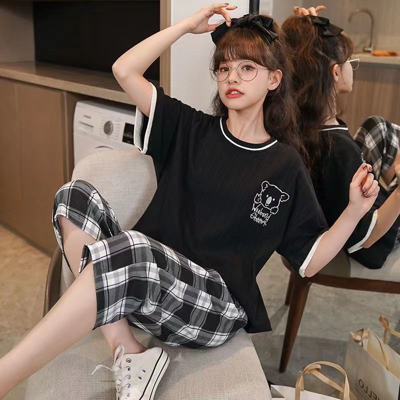 100% double-sided pajamas women's summer short-sleeved cropped trousers suit loose spring and summer can be worn outside home clothes women