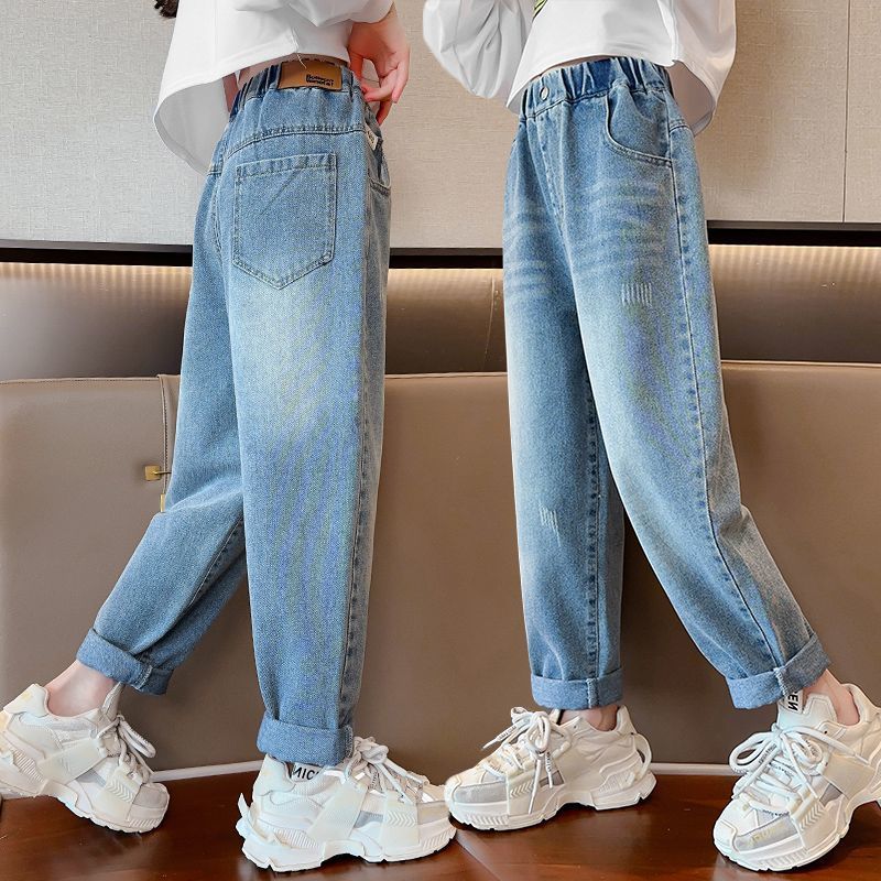 女童牛仔褲春秋款洋氣休閒老爹褲春裝兒童褲子中大童春季寬鬆長褲