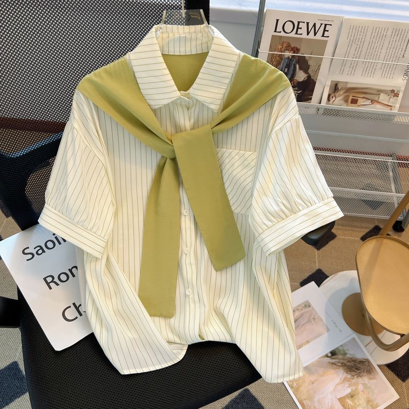 Shawl striped shirt short-sleeved summer new Korean version of the workplace light familiar French high-end shirt light luxury top women