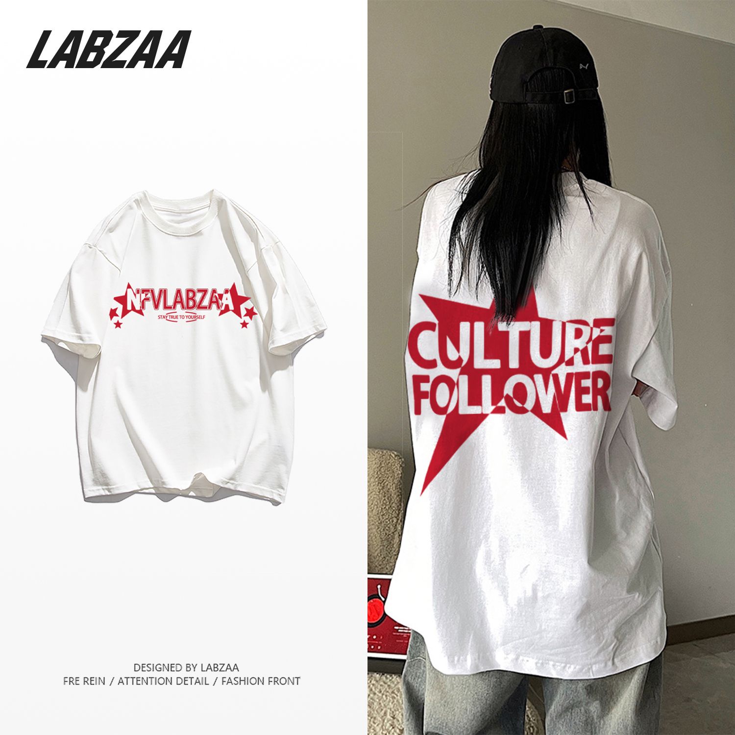 LABZAA pure cotton American star letter printing short-sleeved T-shirt women's summer loose all-match simple couple tops