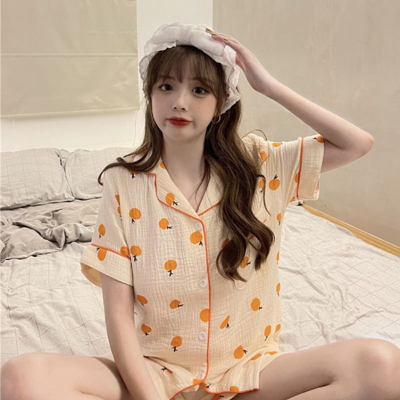 Internet celebrity ins style summer pajamas female short-sleeved thin section baby cotton sweet girl cardigan home service two-piece set