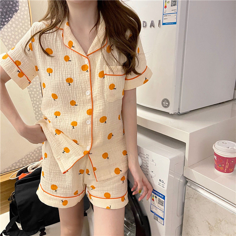 Internet celebrity ins style summer pajamas female short-sleeved thin section baby cotton sweet girl cardigan home service two-piece set