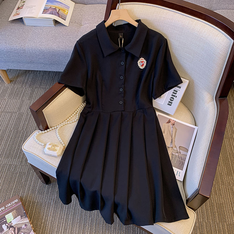 Plus size women's summer new fashion slim waist fat mm college style polo collar dress tide 200 catties 300