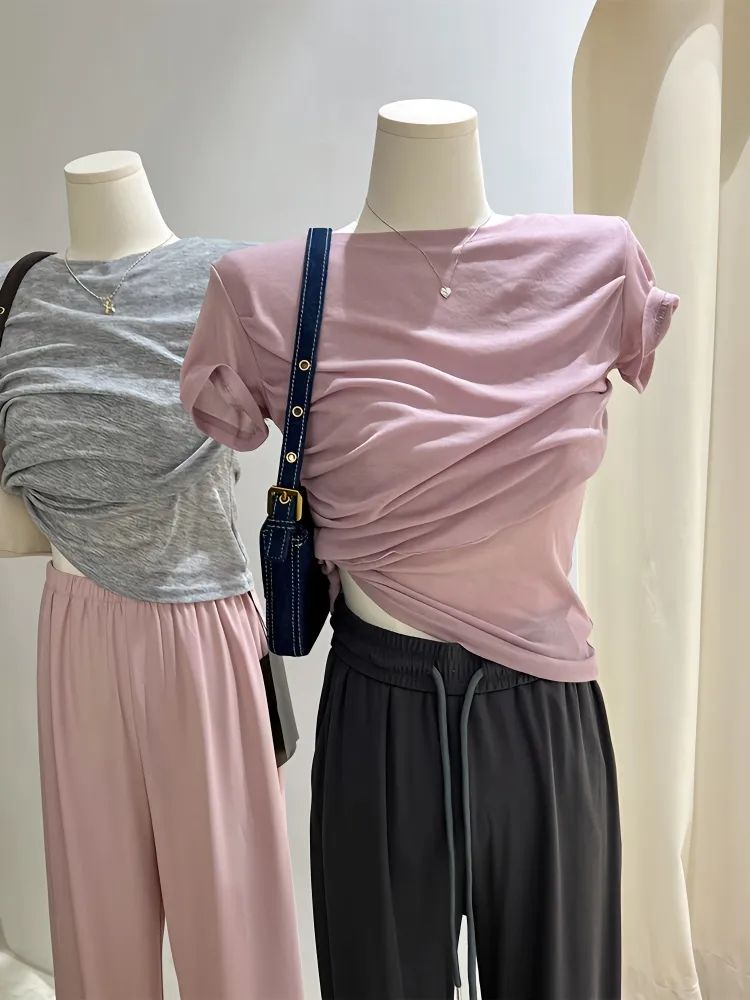 Modal Pure Desire Pink T-shirt Women's Summer Thin Design Fold Irregular Short Slim Short-sleeved Top