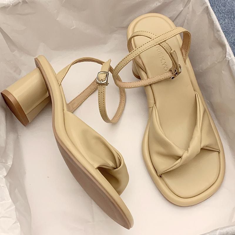 Summer women's Roman sandals  fashion new open-toed one-word buckle shoes women's thick heel mid-heel hollow shoes