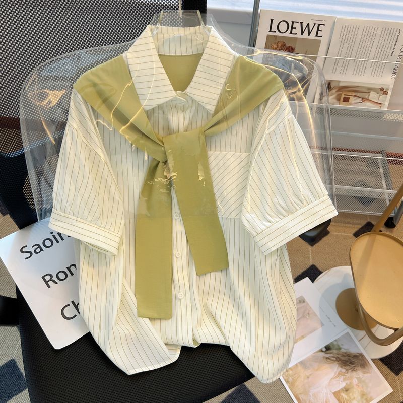Shawl striped shirt short-sleeved summer new Korean version of the workplace light familiar French high-end shirt light luxury top women