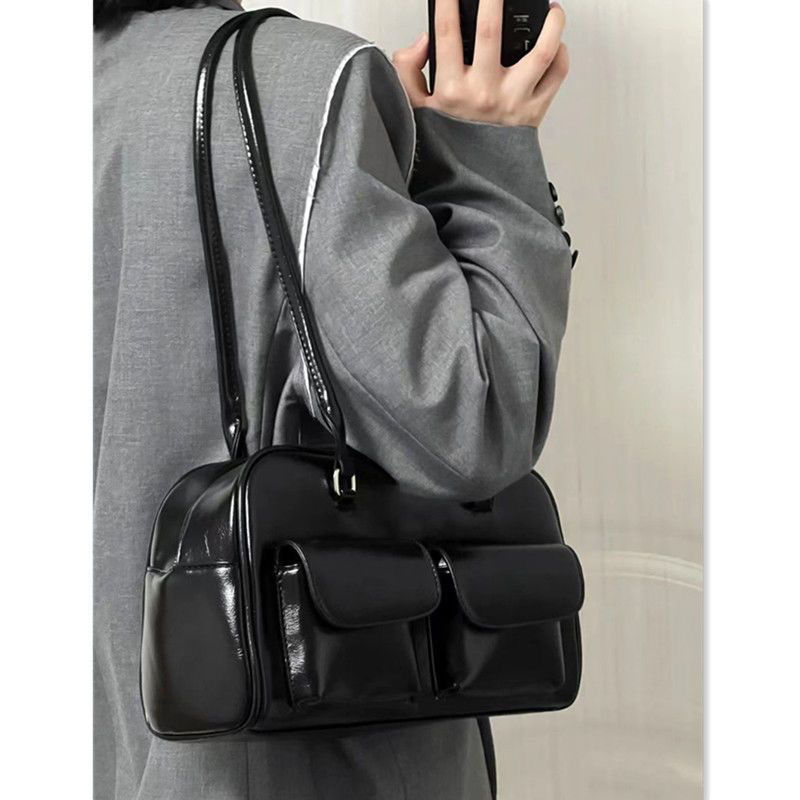  niche design retro oily wax leather bowling bag multi-pocket casual underarm bag commuter portable shoulder bag