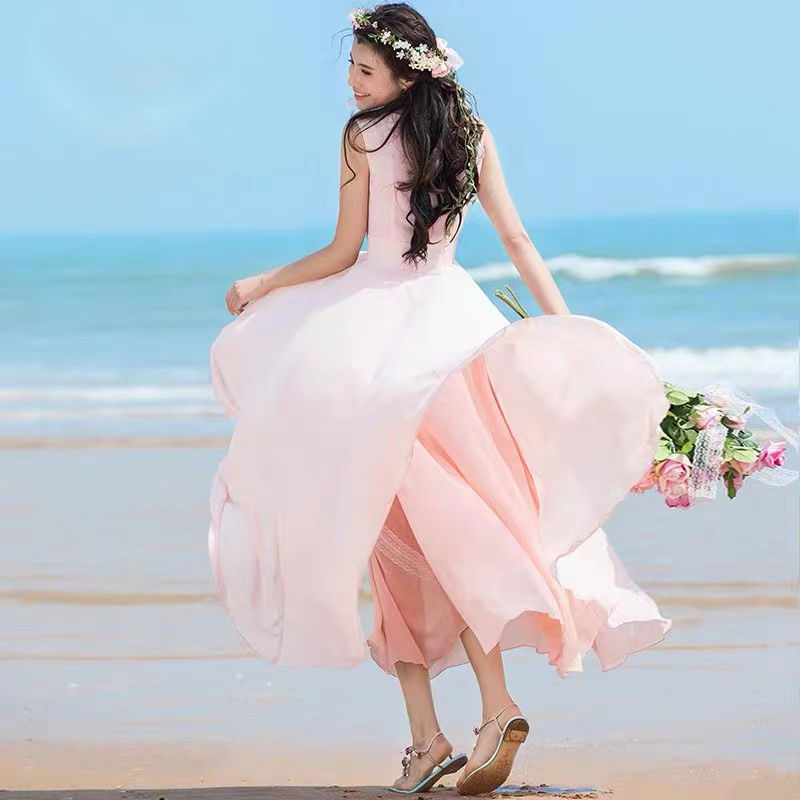 夏季新款不规则大摆沙滩裙雪纺V领无袖显瘦连衣裙波西米亚长裙
