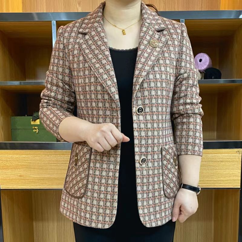 High-end spring and autumn short plaid suit for women  spring new mother's wear large size suit collar small suit jacket