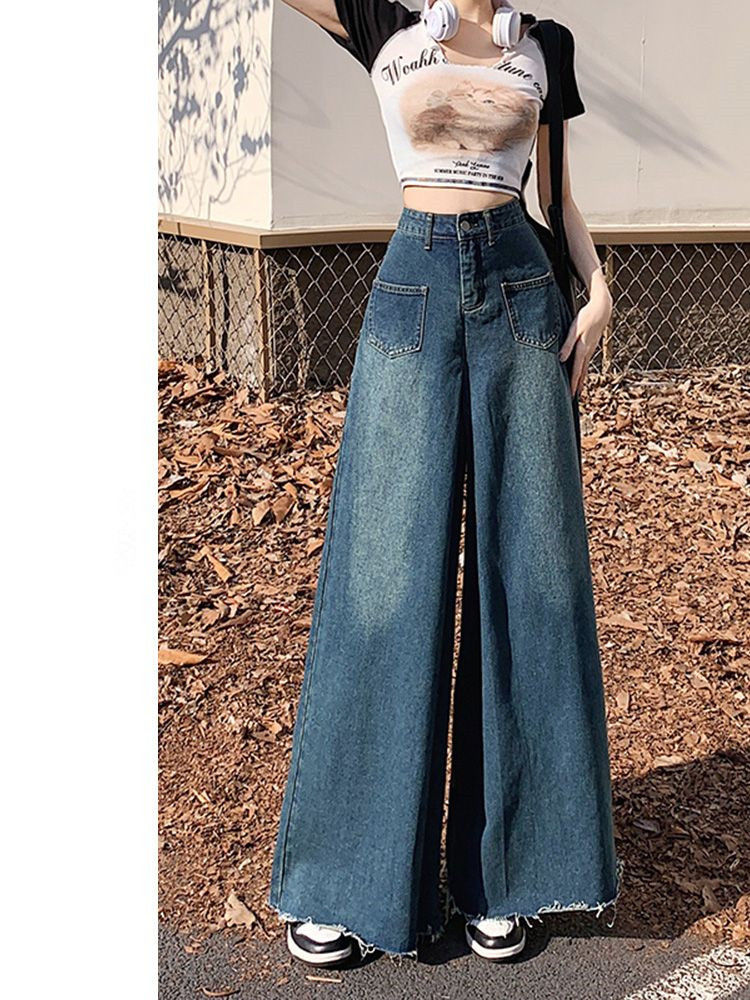 High-waist wide-leg jeans women's  new spring and summer loose design sense straight tube flared skirt mopping pants