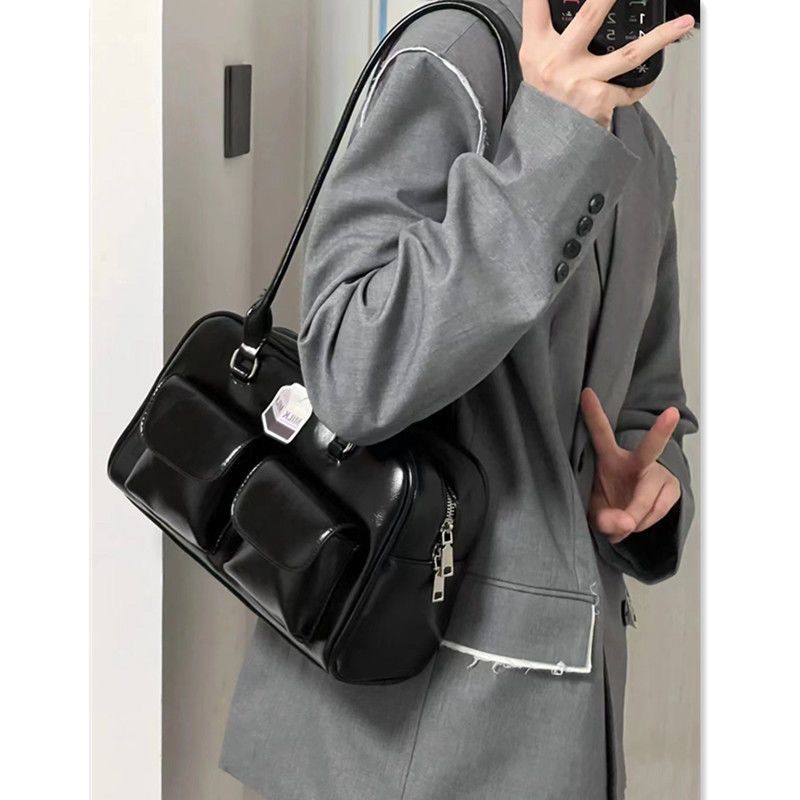  niche design retro oily wax leather bowling bag multi-pocket casual underarm bag commuter portable shoulder bag