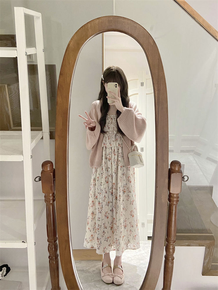 Japanese soft girl suspender floral dress female student + sweet lazy wind sweater cardigan two-piece suit