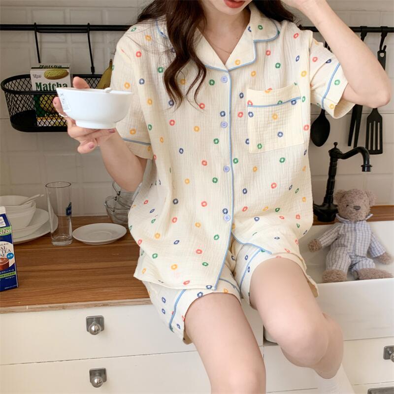 Internet celebrity ins style summer pajamas women's short-sleeved thin section baby cotton cardigan sweet girl home service two-piece set