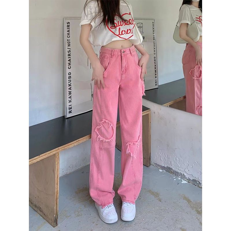 Hong Kong Style Spicy Girls Pink Jeans Women's Fur Edge Design High Waist Wide Leg Pants Retro Loose Straight Leg Long Pants Trendy