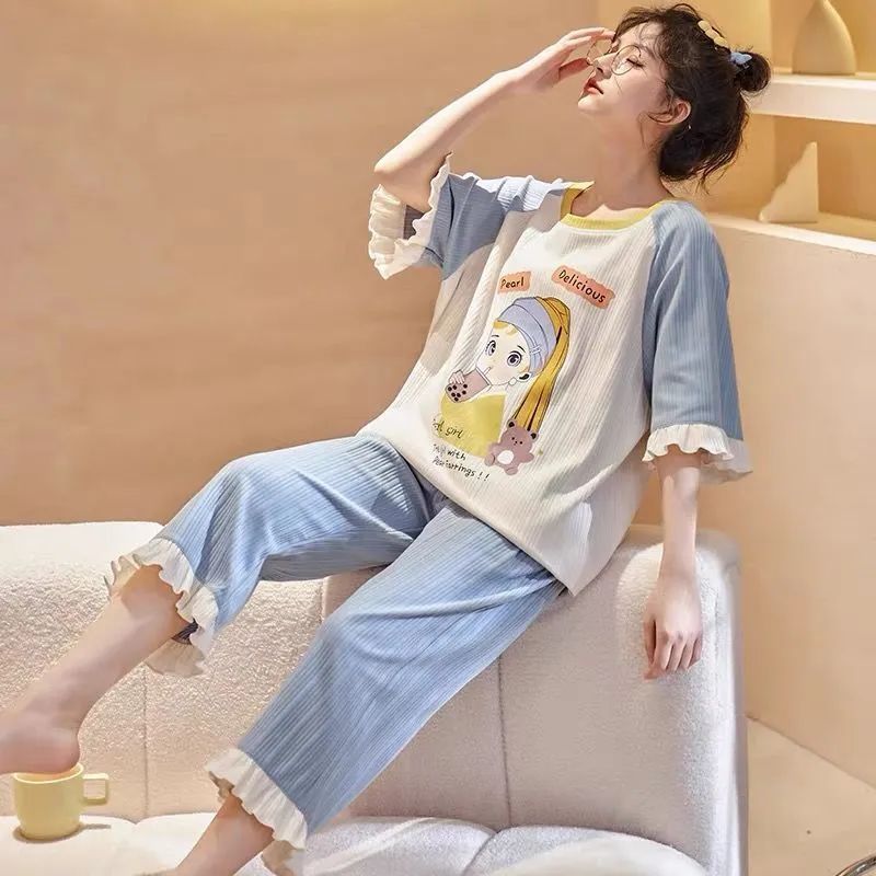 100% double-sided pajamas women's summer short-sleeved cropped trousers suit loose spring and summer can be worn outside home clothes women