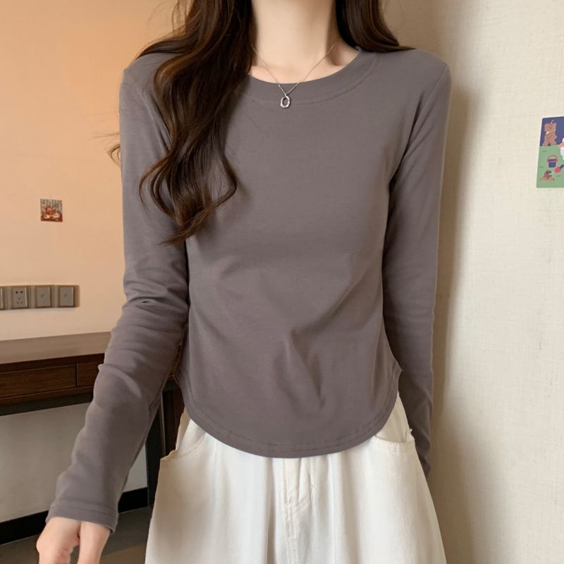 Spring and autumn pure desire style arc-shaped t-shirt short section foreign style self-cultivation long-sleeved u-shaped top bottoming shirt women's all-match design sense