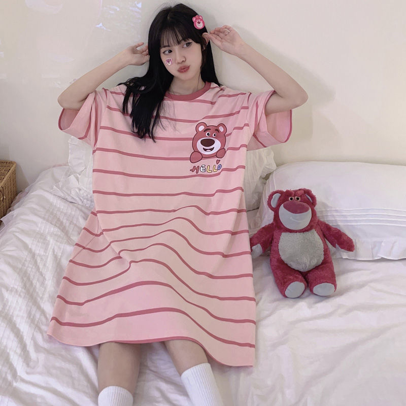 Cute strawberry bear cotton nightdress female spring and summer net red ins wind thin section summer short-sleeved pregnant women plus size pajamas