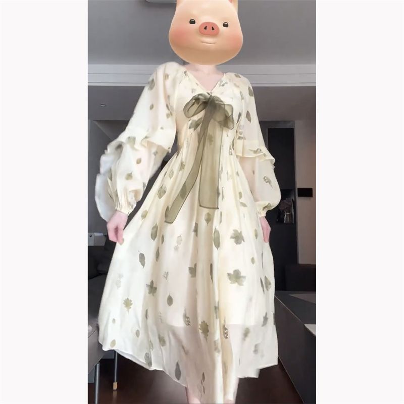 French tea break long-sleeved court style dress female students early spring waist Korean version of Platycodon grandiflora super fairy chic A-line skirt