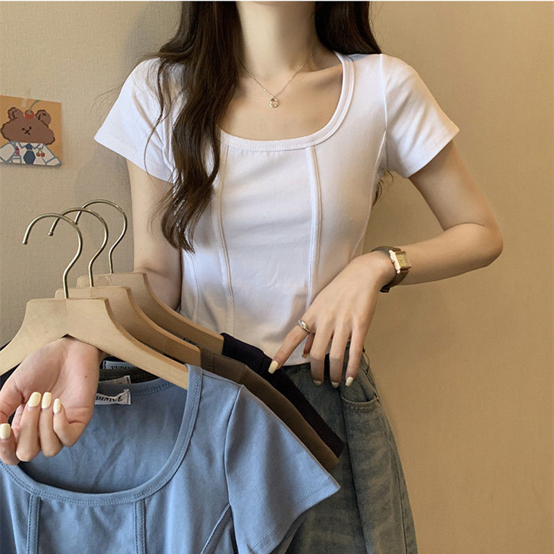 Trendy square collar front shoulder t-shirt high street fashion hot girl sweet ins style casual cover meat summer sports bottoming ins