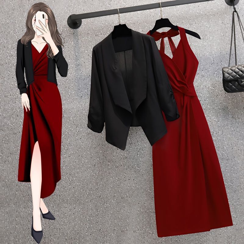 Plus-size women's spring and summer clothes, fat sister, French style, high-end sense, suit, hanging neck, suspender dress, two-piece suit