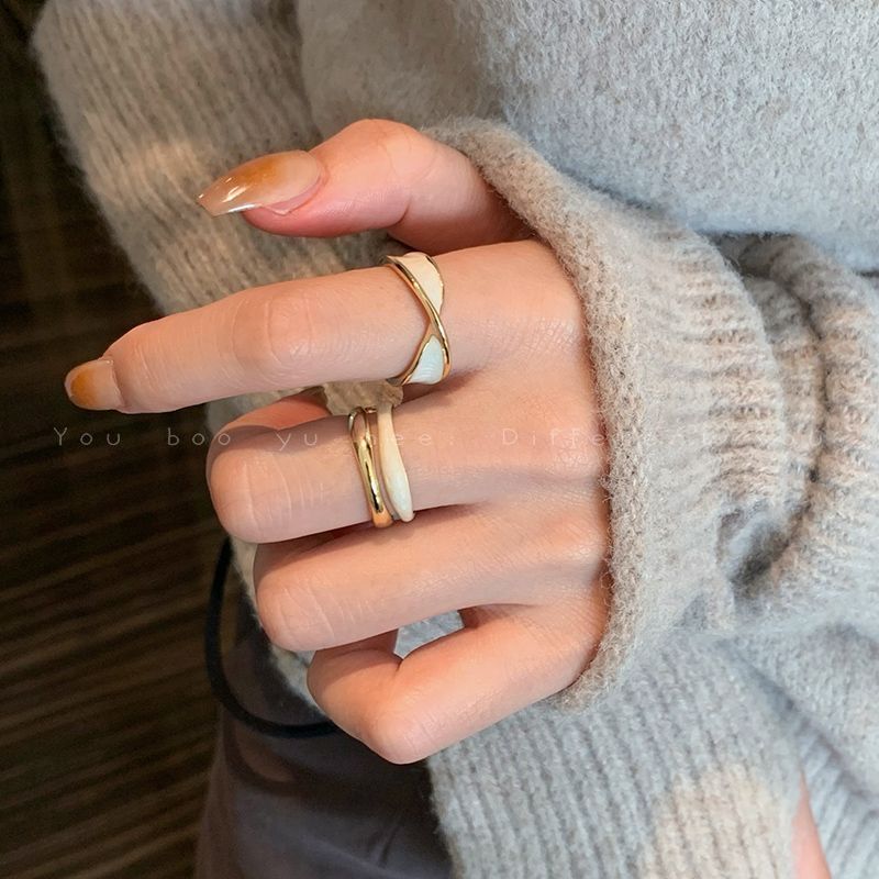 Gold cross double-layer drop glaze ring female ins niche design opening fashion ring light luxury personality index finger ring