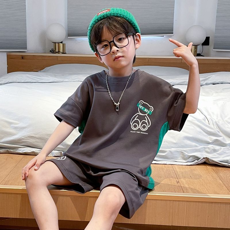 Children's pajamas, boys' summer short-sleeved pants, pure cotton, little boys, middle-aged and older children's summer cartoon pullover home clothes set