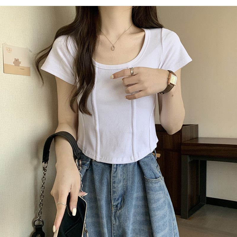 Pure desire style t-shirt trend fashion off-shoulder sweet cover meat Korean version of the shoulder white summer square collar top ins tide