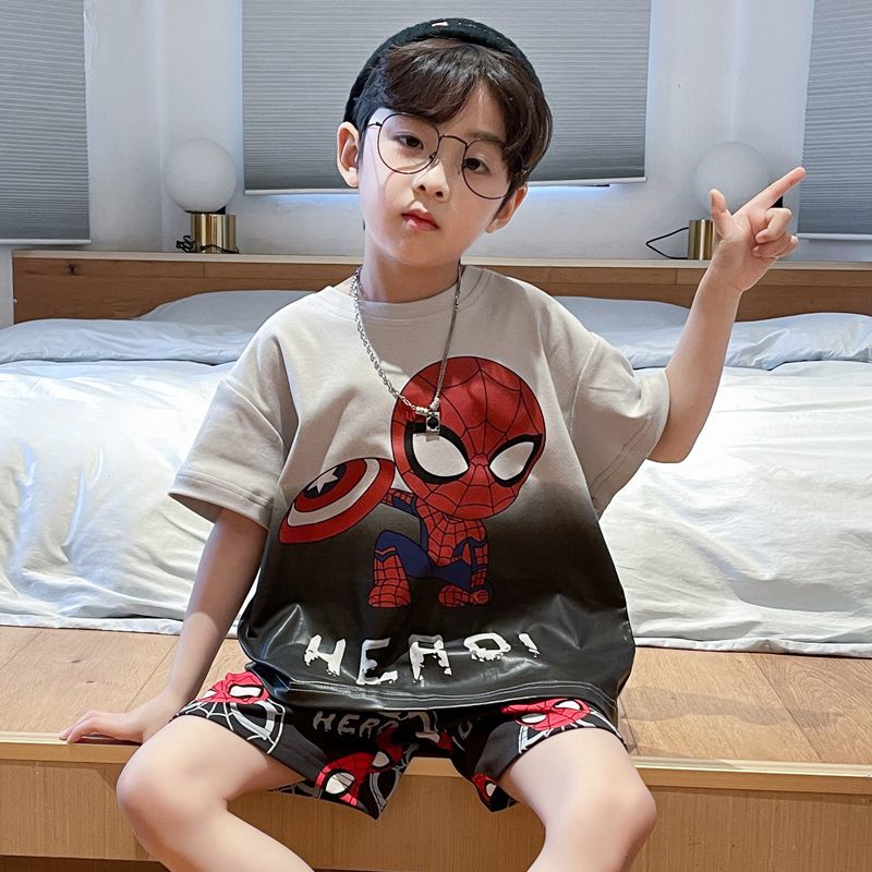 Children's pajamas, boys' summer short-sleeved pants, pure cotton, little boys, middle-aged and older children's summer cartoon pullover home clothes set