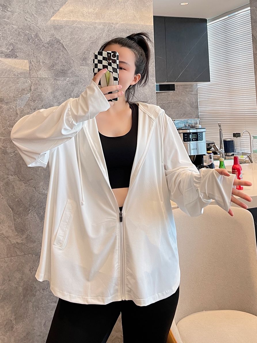 Large size sun protection jacket female fat mm200 catties fitness running quick-drying clothes loose morning running long-sleeved sportswear tops