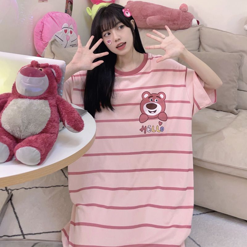 Cute strawberry bear cotton nightdress female spring and summer net red ins wind thin section summer short-sleeved pregnant women plus size pajamas