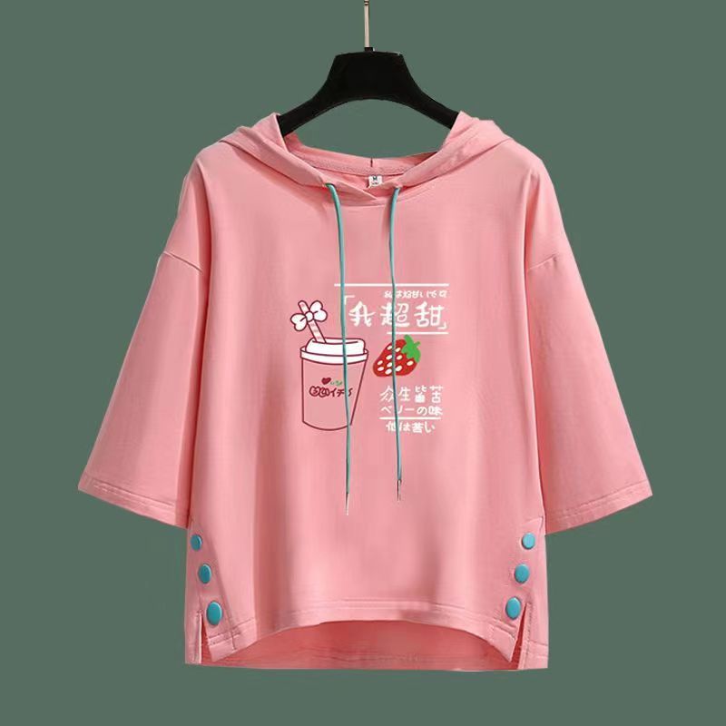 Explosive short-sleeved three-quarter-sleeve hooded sweater women's mid-sleeve spring and summer Korean version loose large size t-shirt tops all-match women