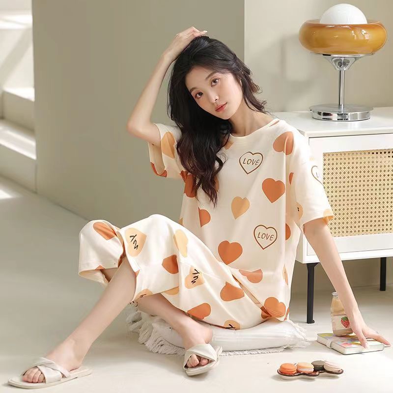 Pajamas for women summer short-sleeved cropped pants Korean style casual cute cartoon two-piece set thin outer wear home clothes set