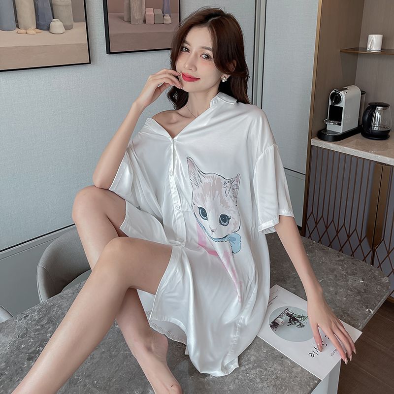 Ice and snow silk sexy nightdress pajamas boyfriend style white shirt female nightdress summer silk short-sleeved can be worn outside home clothes