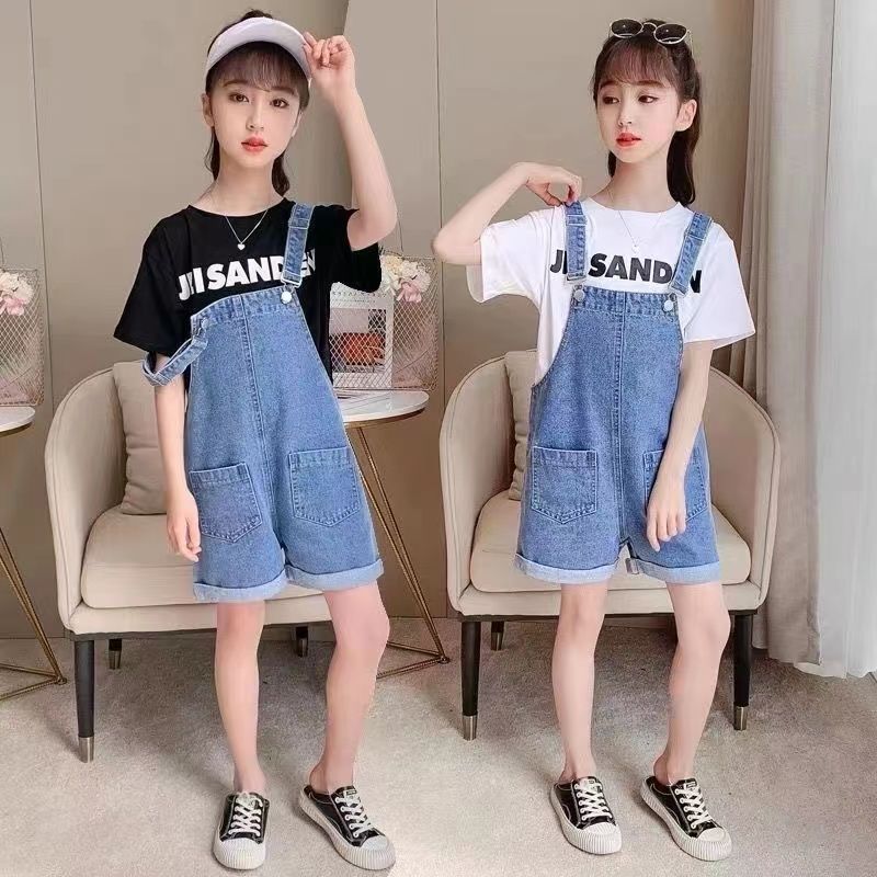 女童背帶短褲套裝兒童夏季吊帶褲T恤兩件套韓版洋氣中大童網紅潮