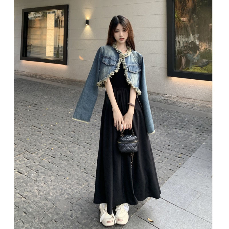 夏季套裝女毛邊流蘇短款牛仔外套高級感小洋裝背心連衣裙子兩件套