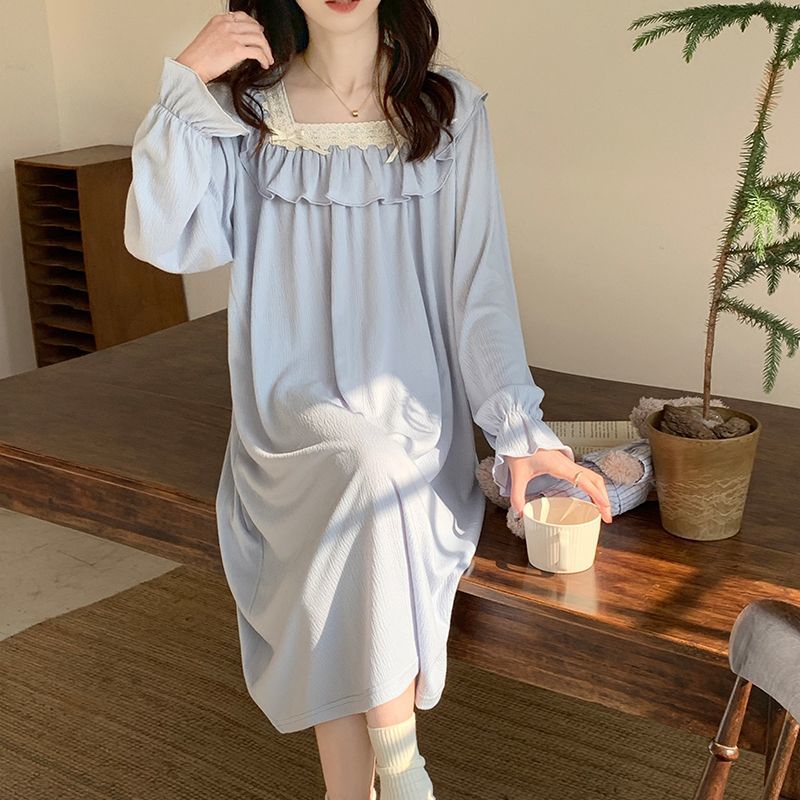 Spring and autumn gauze cotton nightdress women's long-sleeved 2023 new sweet pajamas lazy style simple home clothes summer