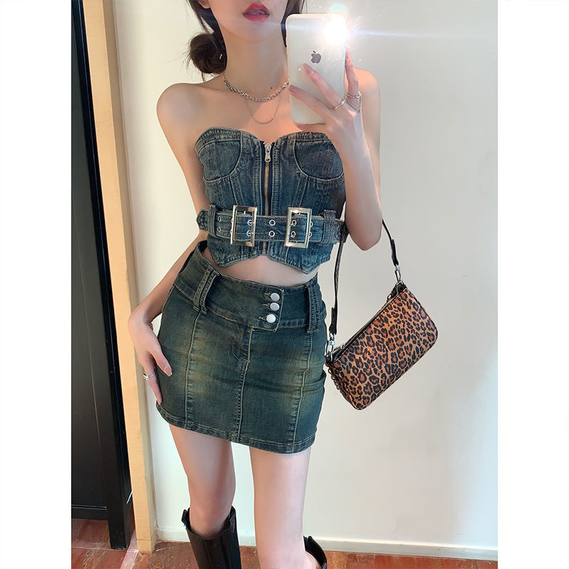 American style street sexy super hot girl old washed denim tube top for women ins retro summer tube top trend